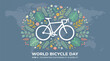© Tooba - White bicycle icon surrounded by colorful floral elements celebrating global sustainability and world bicycle day events
