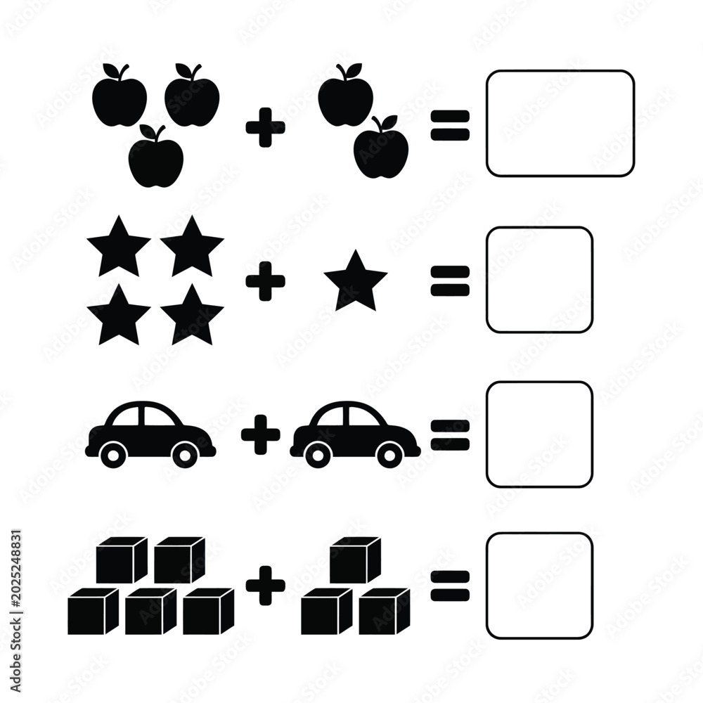 Visual Math Addition Worksheet with Apples Stars Cars and Cubes for ...