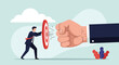 © Soriful - Brave businessman uses a red target shield to push back against a giant clenched fist to represent defending against corporate challenges.