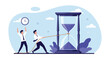 © Soriful - Two dedicated business professionals work together to pull a rope tied around a large hourglass to buy more time for their project.