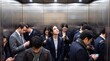 © BETTOVERSE - Diverse Group of Business Professionals in a Crowded Modern Elevator with One Woman Looking Up