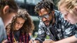 © arayabandit - A dedicated male teacher wearing glasses carefully guides a diverse group of young school children during an educational outdoor activity on a bright sunny day.