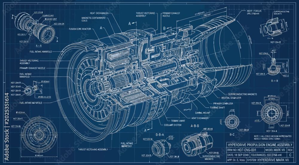 Detailed technical blueprint illustration of a modern turbofan jet ...