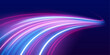 © goldstock - Futuristic neon light trails curve along cyber city streets at night, forming swirling energy waves with motion blur vector illustration