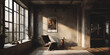 © Neni - An interior shot with an industrial design. A large window lets in light over a wooden floor, chair and poster