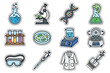 © YULIIA - Colorful laboratory equipment stickers set with scientific icons.