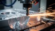 © TransPicHub - A CNC milling machine cuts a metal part with high precision, creating a shower of sparks. Industrial manufacturing and metalworking in action.