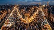 © pixelcity - High angle view of a bustling and traditional night market filled with golden lights and crowds of people shopping near a historic mosque in a densely populated urban city at night, south asia