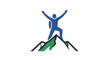 © Alqis - Person standing on mountain peak triumphantly.