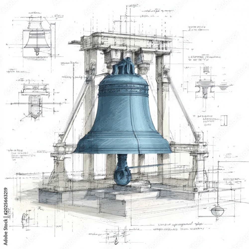 Detailed design of a large bell with sketches and measurements showing ...