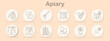 © Anastasia - Apiary set icon. Line symbols depict beehive, bee insect, honey dipper, honey frame, flying bee, honeycomb, milk bottle, honey jar, wooden hive, dripping honey, hive marker, bee path
