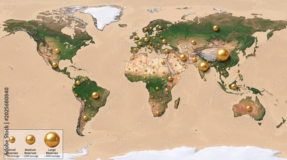 World map showing gold reserves and their sizes in different countries ...