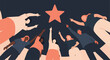 © Andi - Diverse group of people pointing up at a shining red star, symbolizing common goals, aspiration, teamwork, and the pursuit of success and achievement.