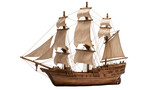 Detailed wooden sailing ship model with full sails, isolated on transparent background