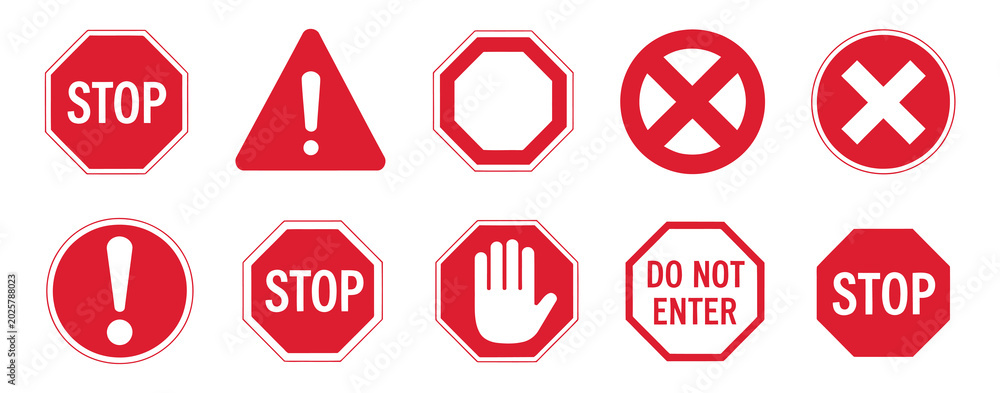 Stop red sign icon with white hand, do not enter traffic warning symbol ...