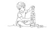 © anto - A young boy playing with wooden blocks in a continuous line art style.