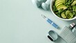 © MMM - GLP 1 injection pen beside healthy food and fitness accessories on pastel background with large copy space, weight loss wellness website banner.