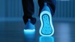 © 69 - Close-up of person walking with illuminated glowing sole shoe on reflective floor in dim indoor environment at night time