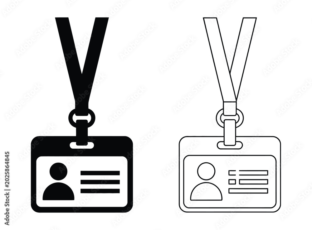 Two ID badge icons, solid and outline variations, hanging on lanyards ...