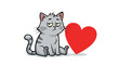 © Mr - Illustration of a sad grey tabby cat sitting next to a large red heart on a clean white background with minimal shadows and simple lines.