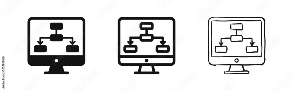 Organizational structure and process flowchart icon set on computer ...