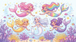 © VectoVerse - Cute cartoon mermaids swimming underwater with coral reefs, tropical sea life vector illustration, fantasy ocean background