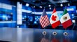 © TFU - Flags of usa canada and mexico on a desk in a news studio united states north america broadcast politics government international relations diplomacy