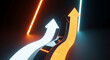 © MDABDUL - Two wavy glowing arrows moving upwards and right representing direction growth progress on a dark reflective surface direction progress movement competition opportunity business financial