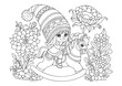 © E.Nolan - A sweet girl in a huge knitted hat rides a toy rocking horse. This coloring page is for kids and adults. Black and white illustration for coloring.