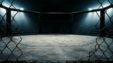 Empty mixed martial arts octagon cage with textured mat representing combat sports tournament and fight championship concept with dark arena background