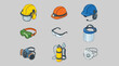 © Kak - Safety equipment illustration with hard hats, goggles, and respirators for workplace protection.