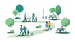 © zee - Flat vector people walking in public park, diverse families and couples enjoying outdoor leisure activities, green urban garden landscape with trees