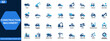 © aura studio - Construction machinery icon set. Heavy equipment, trucks, cranes, bulldozers, loaders, excavation vehicles, road construction, mining transport. Editable icons collection. Vector.