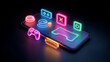 © Pug - A vibrant smartphone with neon game icons, showcasing the intersection of technology and gaming. Ideal for illustrating digital gaming trends and modern mobile entertainment.