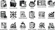 © BushraTech - Finance and accounting icon set featuring budget planning, financial reporting, bookkeeping, tax management, revenue growth, cash flow, audit, and investment analysis symbols.