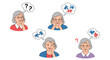 © Enamul - Elderly woman with gray hair experiencing confusion and memory loss represented by jigsaw puzzle pieces and question marks.
