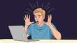 © PixelBiber - Young man in a blue t-shirt reacting with shock and disbelief while looking at his laptop screen on a dark background.