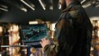 © DC Studio - Male army soldier ensuring surveillance in secure military warehouse, personnel monitoring drone dashboard on laptop. Defense logistics to ensure supply chain for military base operations.