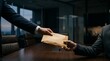 © and - corruption concept showing a hidden envelope filled with money being passed discreetly between two business people