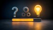 © M@rketVisualsStudio - Visualization of the problem solving process showing question mark gears and glowing lightbulb over a progress bar depicting idea generation and continuous innovation