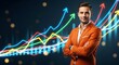 © Soli - Confident businessman in orange blazer stands before vibrant rising graphs, symbolizing strategic business growth and financial success