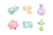 © Dwi - Watercolor money and financial icons set on white background