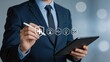 © Lee - Businessman using tablet with insurance and healthcare icons, medical protection shield, financial security, life coverage, risk management, digital health services, professional