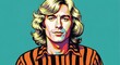 © Abu El Mahfouz - Vibrant graphic illustration of a man with flowing blonde hair and a striped top. Stylized portrait against a striking teal background, embodying a cool aesthetic
