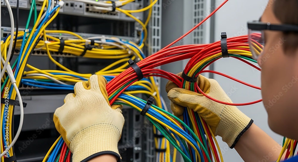 Technician organizing yellow red blue green ethernet cables in server ...