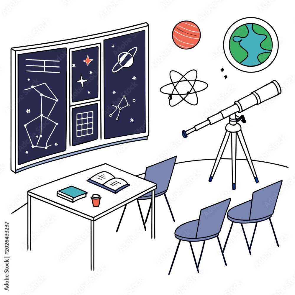 Astronomy class with telescope charts of constellations and planetary ...
