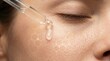 © Gibster - Serum drop on skin closeup shows science research on gene for healthy aging and longevity with visible molecular structure on face