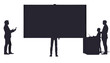 © Mr - Businesspeople gather around a large presentation board during a corporate strategy session where the dark silhouette figures are isolated against a plain white background for effective visual layout.
