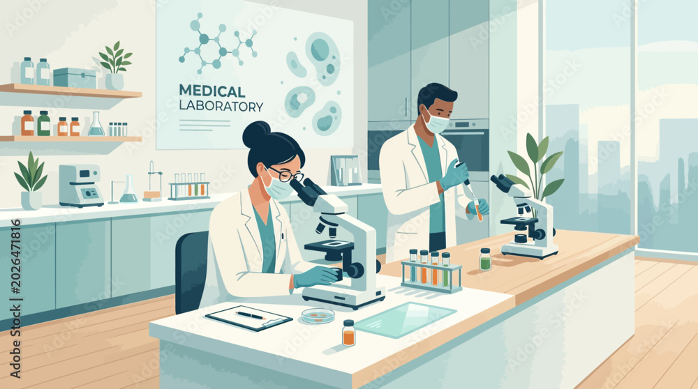 Medical Laboratory Illustration: Scientists Working with Microscope in ...
