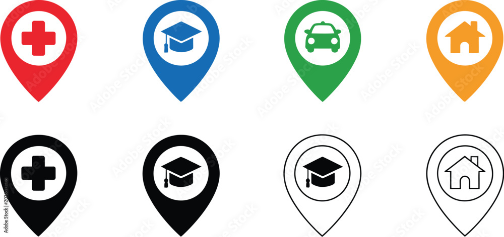 Location pin map marker icons, healthcare school vehicle and home ...